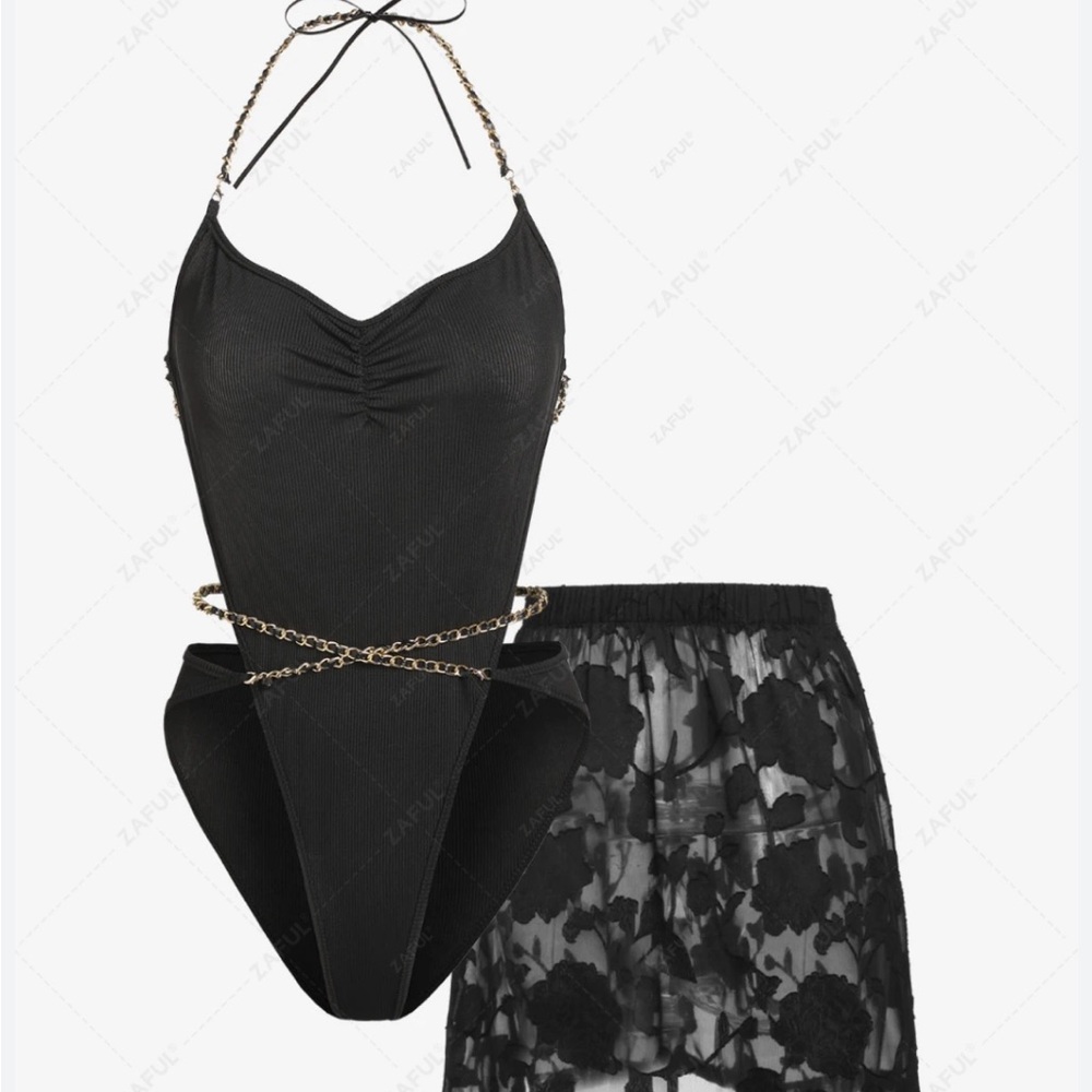 NWT Zaful Black and Gold Sexy Babydoll Mini Dress Two Piece Set Size M